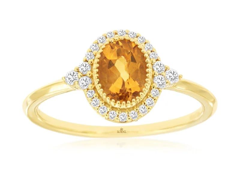 14K Yellow Gold Citrine and Diamond Halo Ring