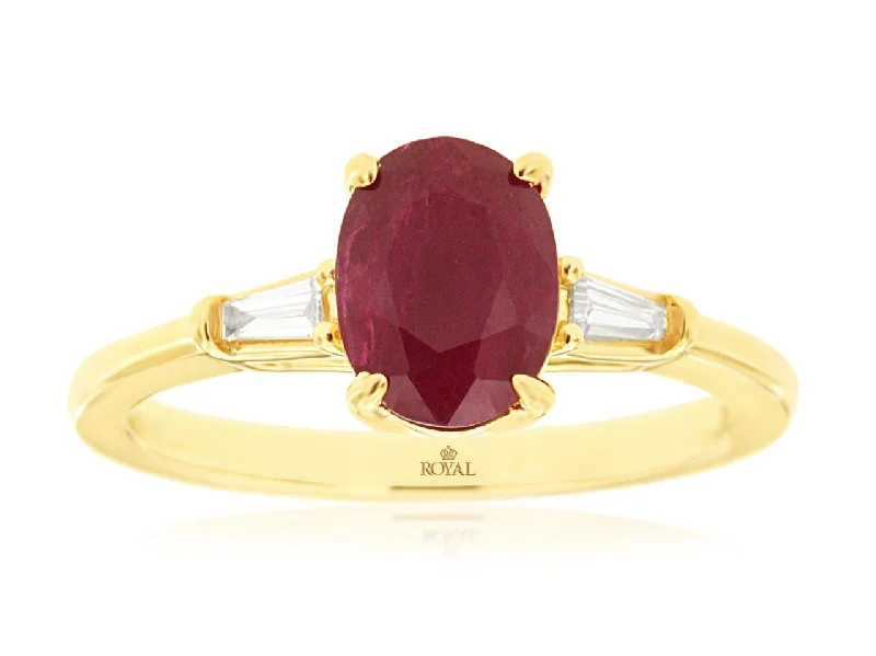 14K Yellow Ruby and Diamond Three Stone Ring