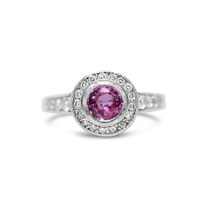 14KT WHITE GOLD PINK SAPPHIRE AND DIAMOND RING