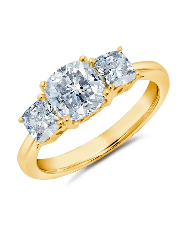 3 Stone Cushion Cut Ring Finished in 18kt Yellow Gold