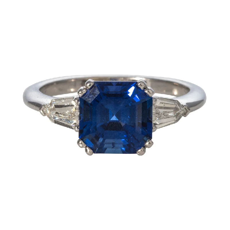 3ct Asscher Sapphire & Diamond Three Stone 14K Gold Ring