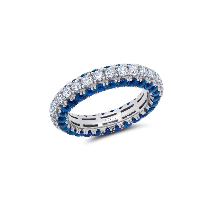 Clear And Sapphire Color Round Cut Eternity Band Ring