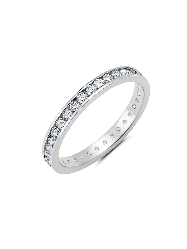 Clear Hand Set Cubic Zirconia Eternity Band Engagement Ring Finished In Pure Platinum