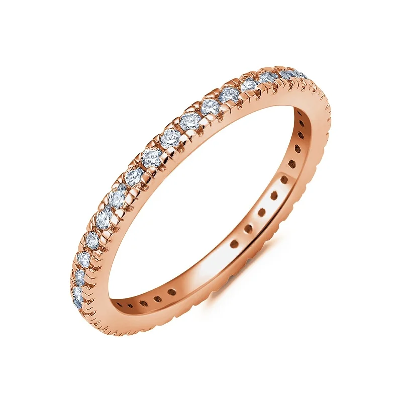 Clear Hand Set Cubic Zirconia Step Cut Eternity Band Engagement Ring Finished in Rose Gold