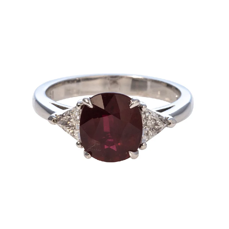 2.52ct Cushion Ruby & .38ct Trillion Diamond Three-Stone 18K Gold Ring