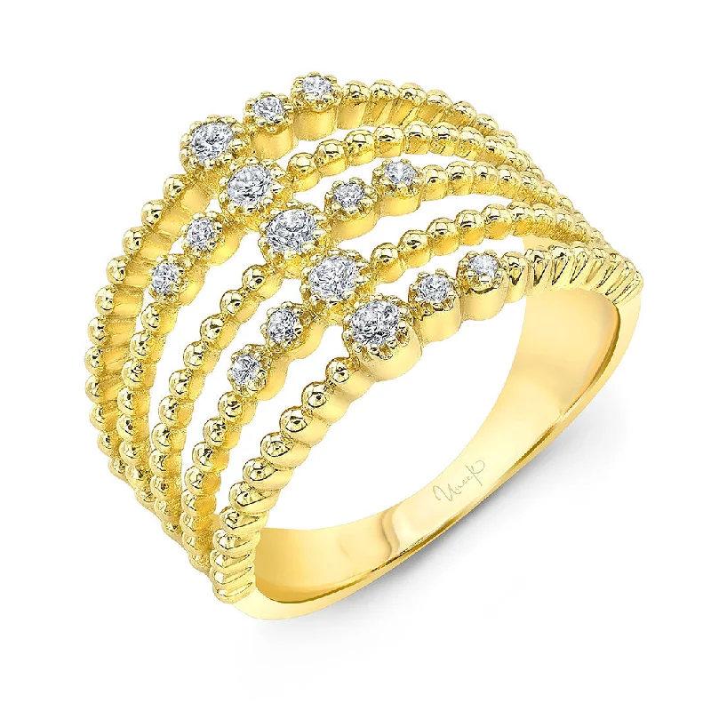 Diamond 14K Yellow Gold Beaded 5 Row Ring