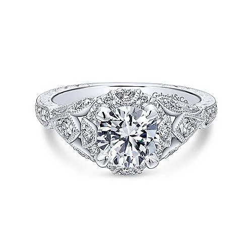 Unique 14K White Gold Vintage Inspired Diamond Halo Engagement Ring