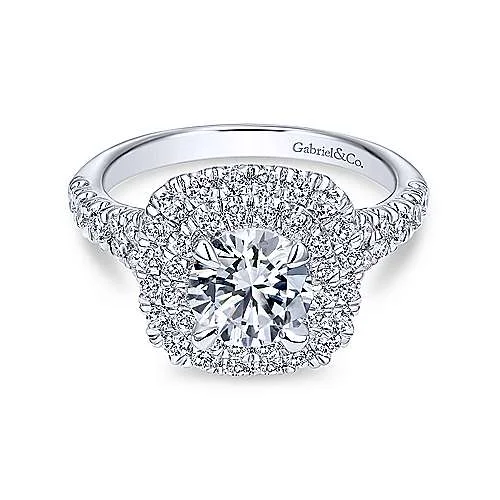 14k White Gold Cushion Double Halo Round Diamond Engagement Ring