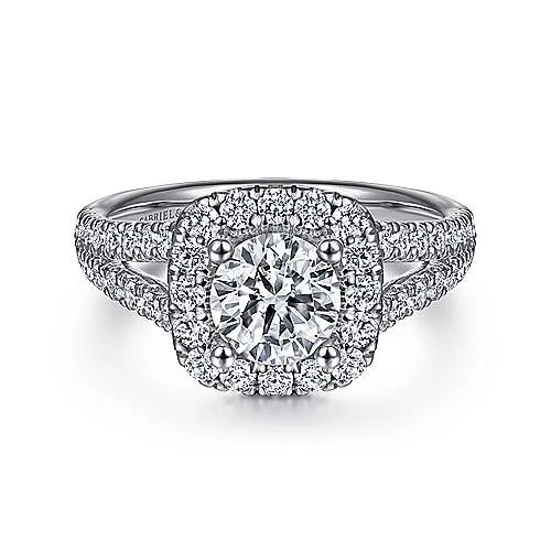 14K White Gold Cushion Halo Round Diamond Engagement Ring