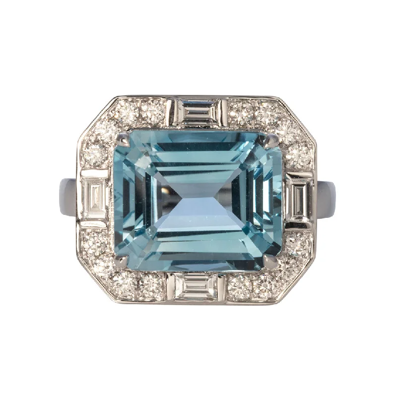 Emerald Cut Blue Topaz & Diamond 18K White Gold Ring