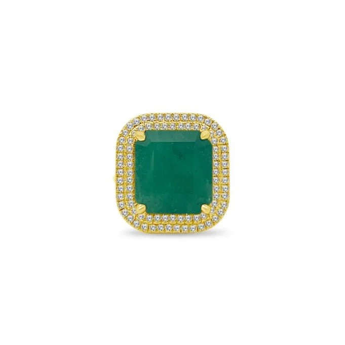 Emerald Cut Emerald Ring with a Double Diamond Halo