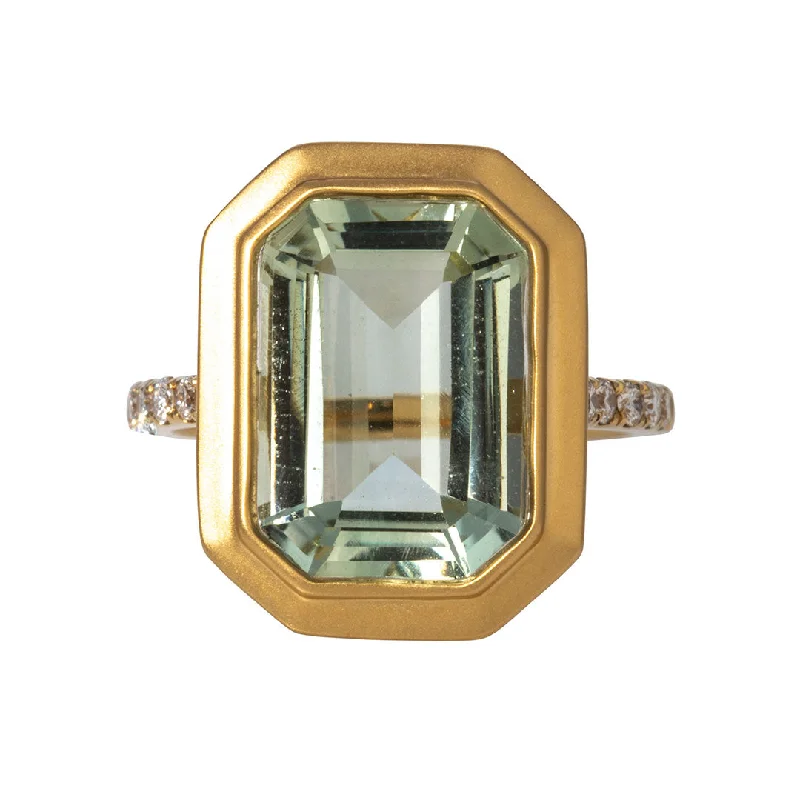 Emerald Cut Green Amethyst & Pavé Diamond 18K Gold Ring