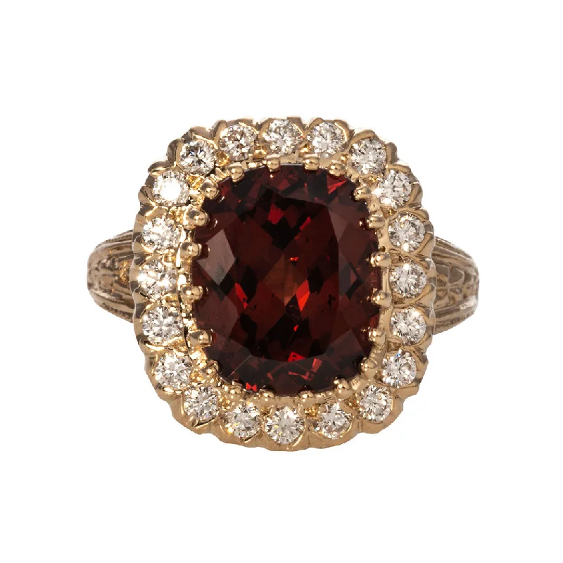 Garnet & Diamond Cluster 14K Yellow Gold Ring