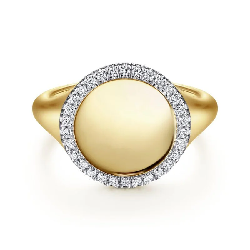 14K Yellow Gold Signet Ring with Diamond Halo