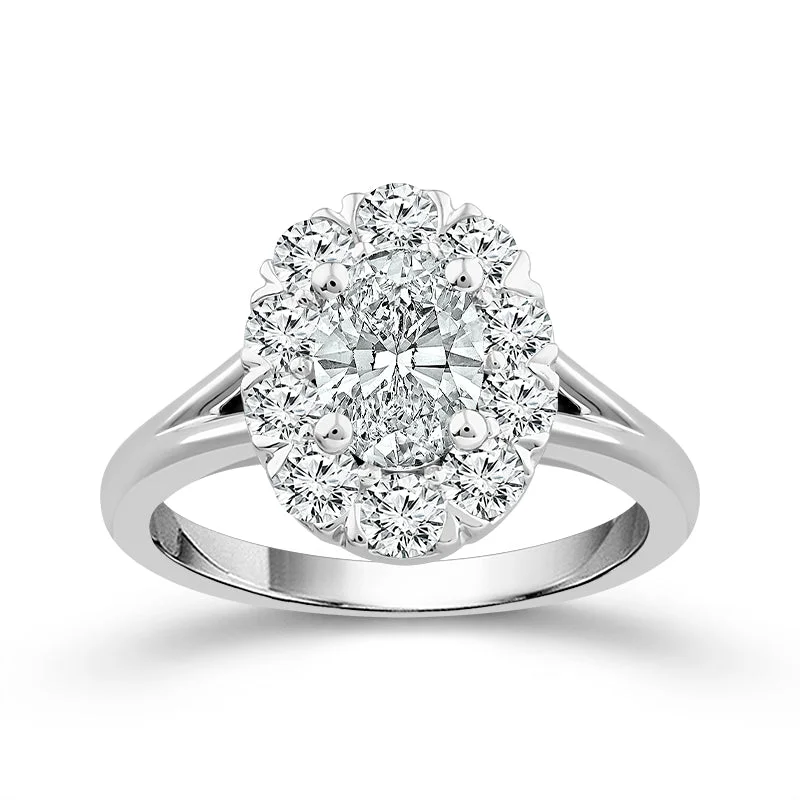 14K White Gold Oval Diamond Halo Engagement Ring