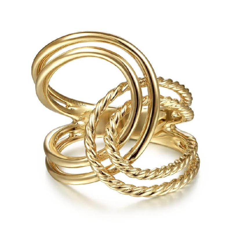 14K Yellow Gold Intertwined Twisted and Polished Rope Ring