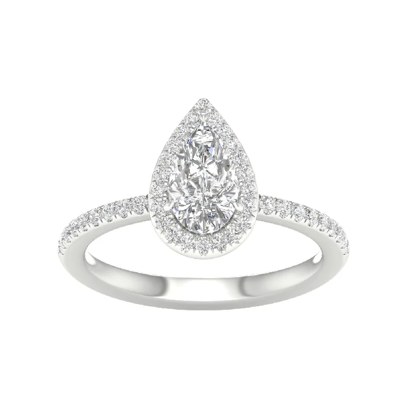 14K White Gold Lab Grown Pear Diamond Halo Engagement Ring