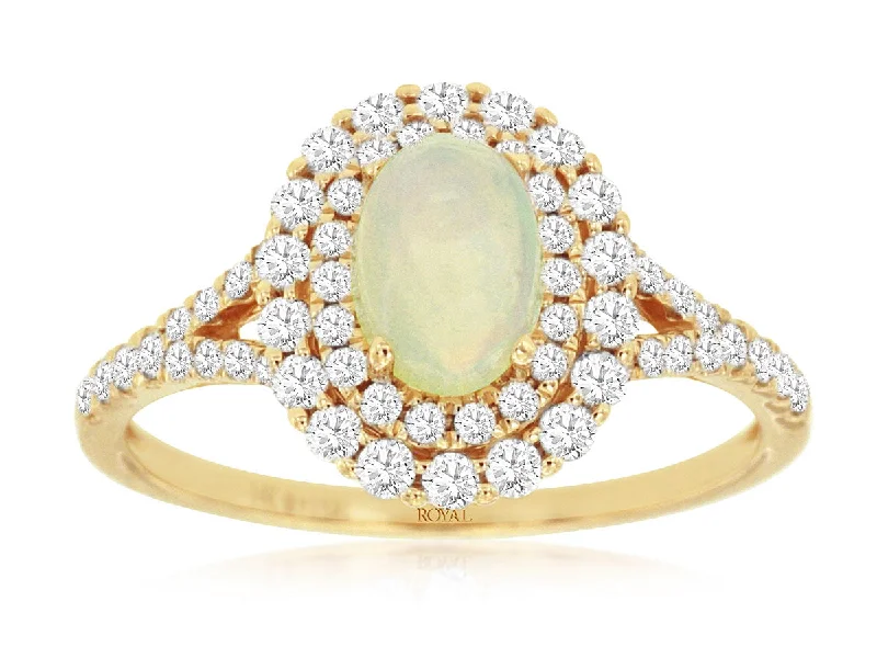 14K Yellow Gold Opal and Diamond Ring