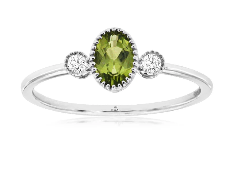 14K White Gold Peridot and Diamond Ring