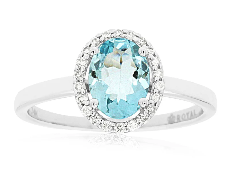 14K White Gold Oval Aquamarine and Halo Ring