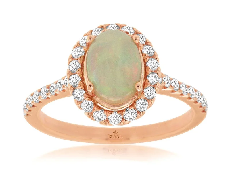 14KT PG .50CTW(O)OPAL/PAVE DIAMOND RING(1.00CT OVAL OPAL)