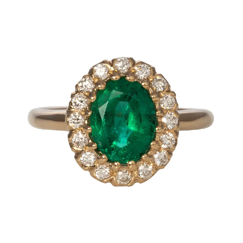 Oval Emerald & Diamond Cluster 14K Yellow Gold Ring