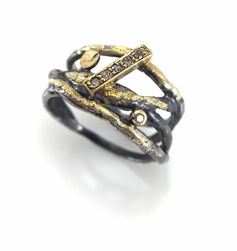 Oxidized Silver, Pave set Diamonds and 22k Gold Wrap Ring