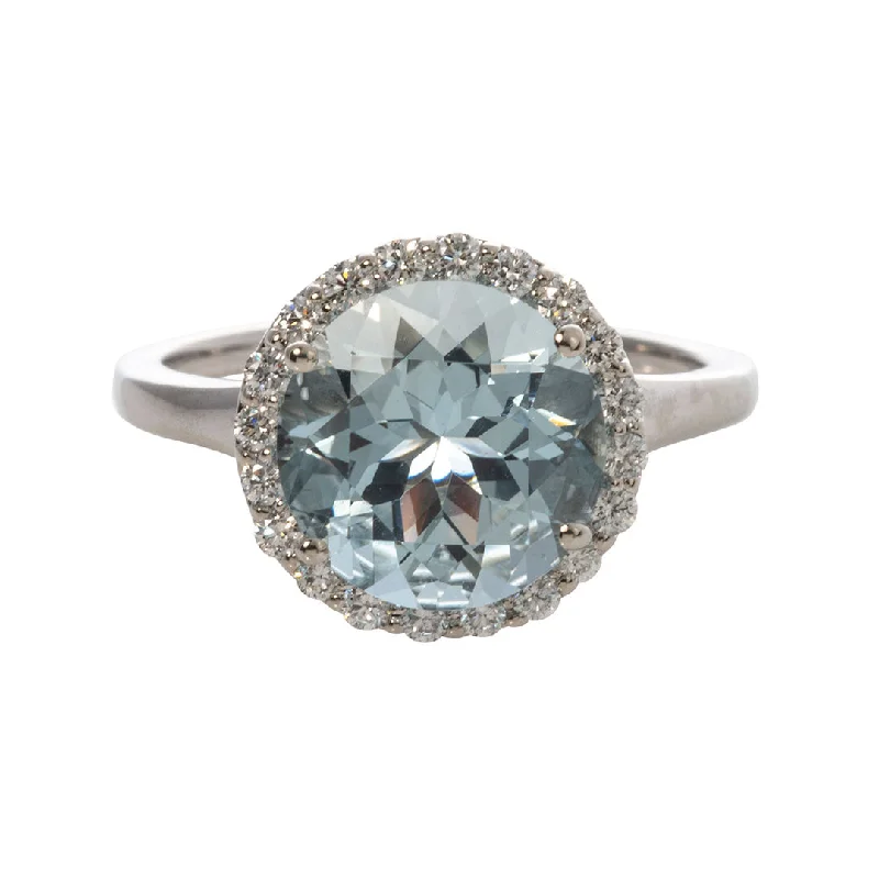 Round Aquamarine & Diamond Halo 14K White Gold Ring