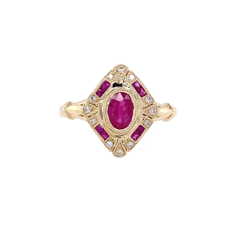 14KT .07CTW(O)RUBY/PAVE DIAMOND "VINTAGE" STYLE RING