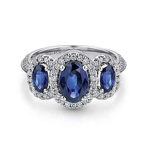 14K White Gold Three Row Halo Sapphire and Diamond Ring