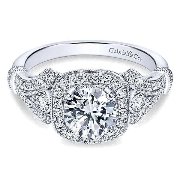 Vintage Inspired 14K White Gold Cushion Halo Round Diamond Engagement Ring