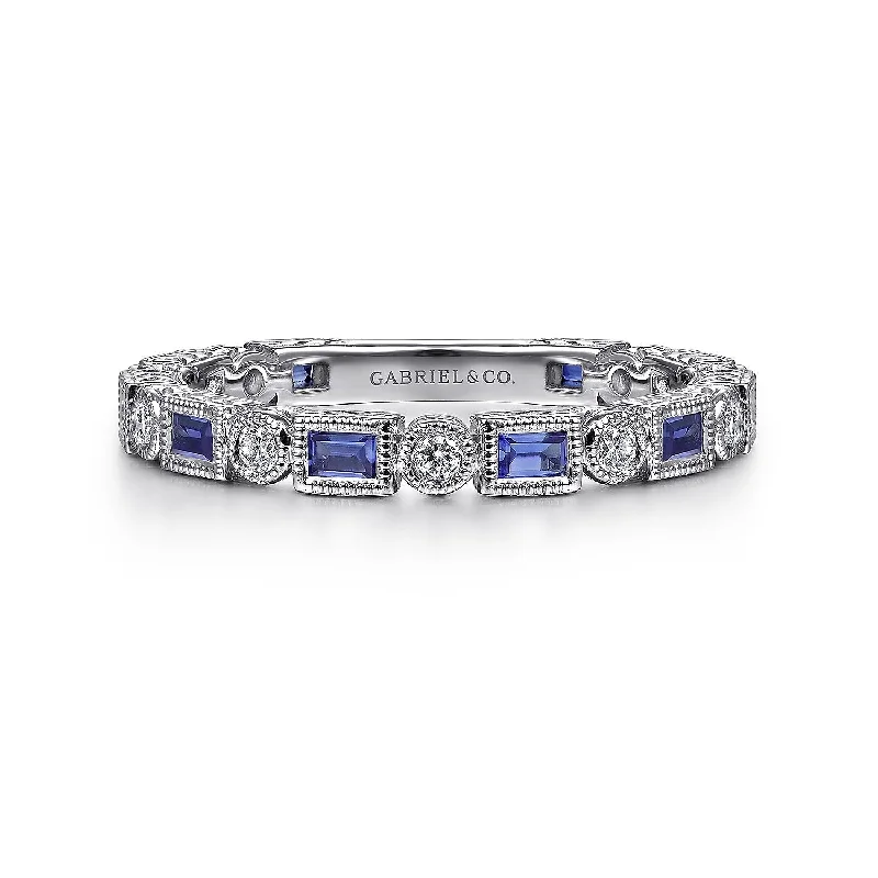 14K White Gold Sapphire Baguette and Diamond Round Stackable Ring