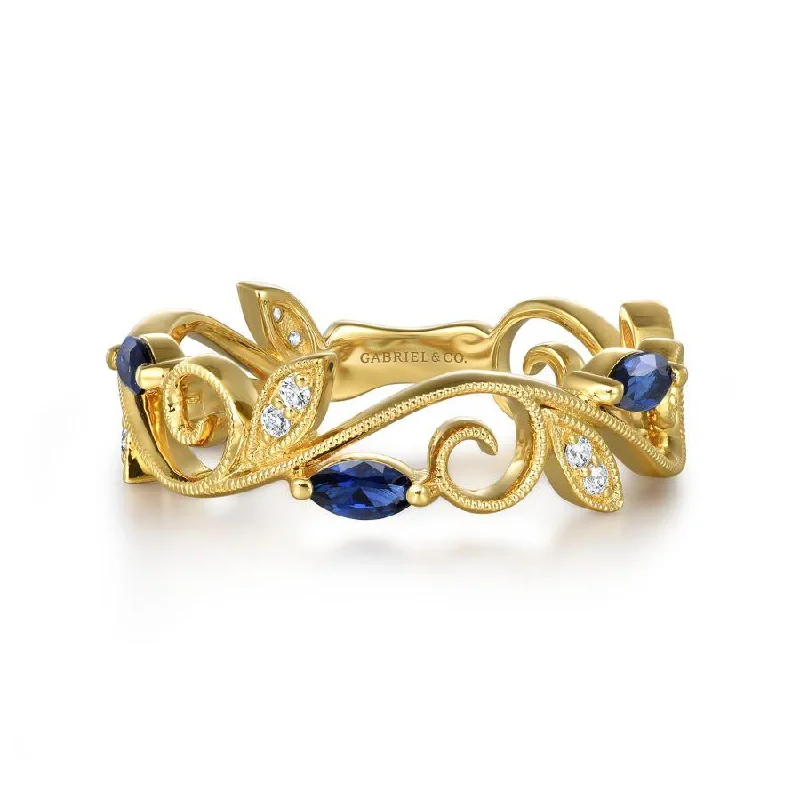 14K Yellow Gold Diamond and Blue Sapphire Filigree Pattern Stackable Ladies Ring