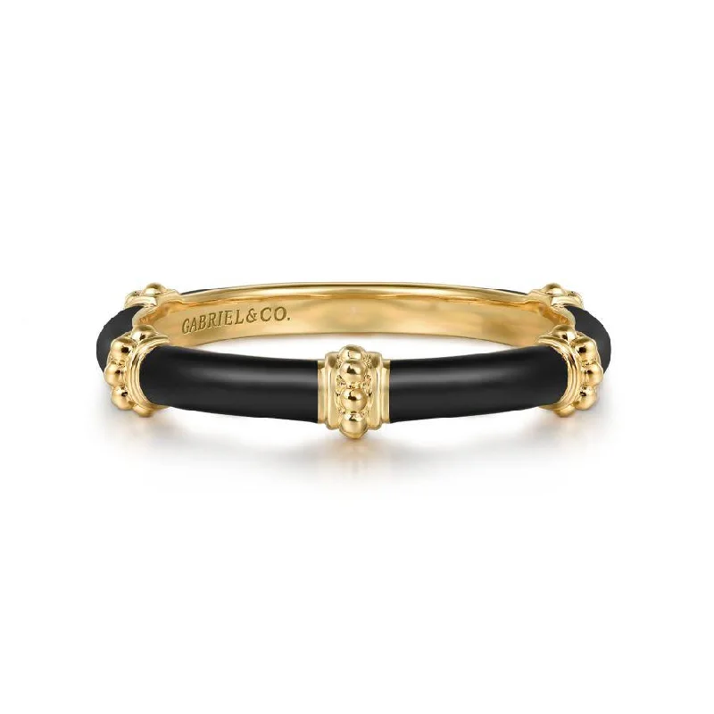 14K Yellow Gold Bujukan Stackable Ring with Black Enamel