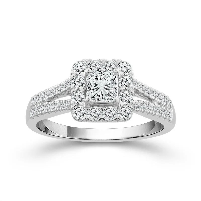 14K White Gold Round Diamond with Cushion Halo Engagement Ring