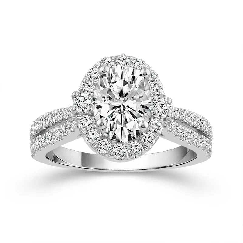 14K White Gold Oval Diamond Halo Engagement Ring