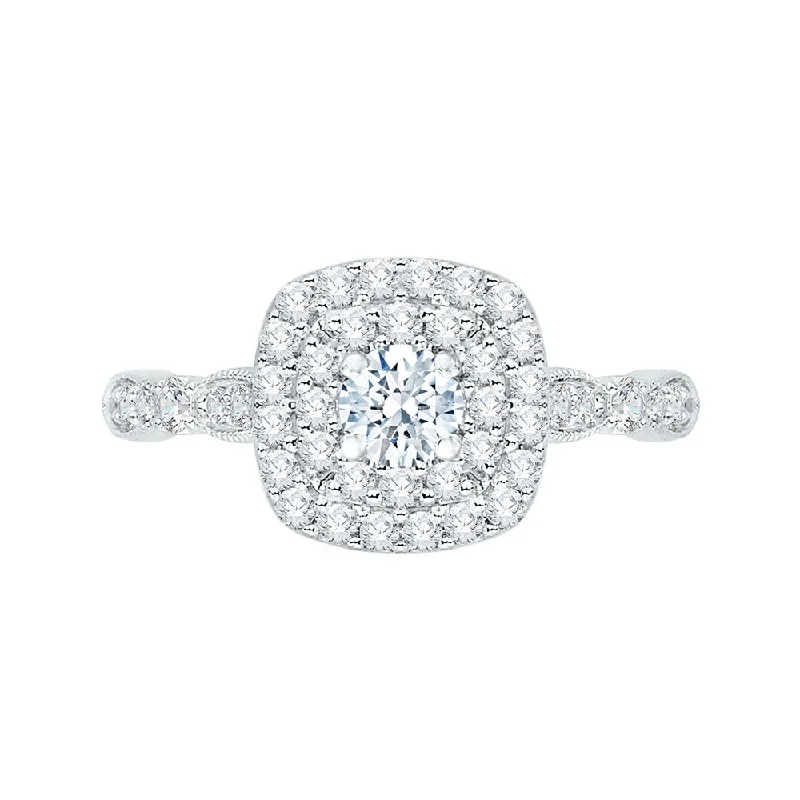 14K White Gold Round Diamond with Double Square Halo Engagement Ring