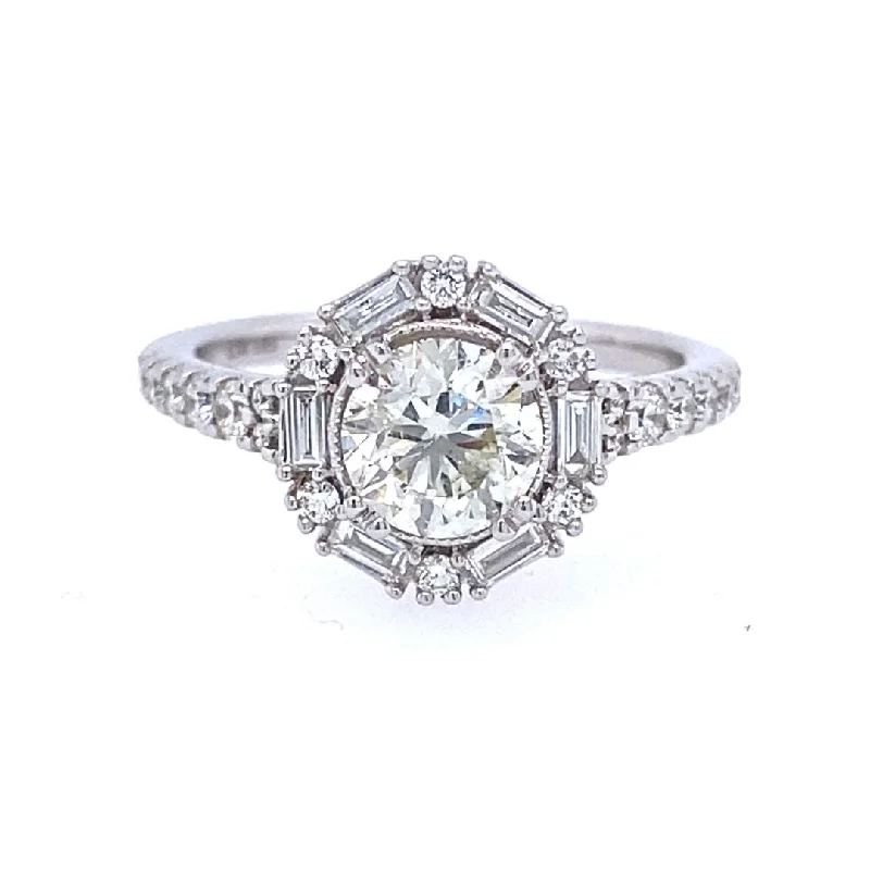 14K White Gold Natural Round Diamond with Baguette Halo Engagement Ring