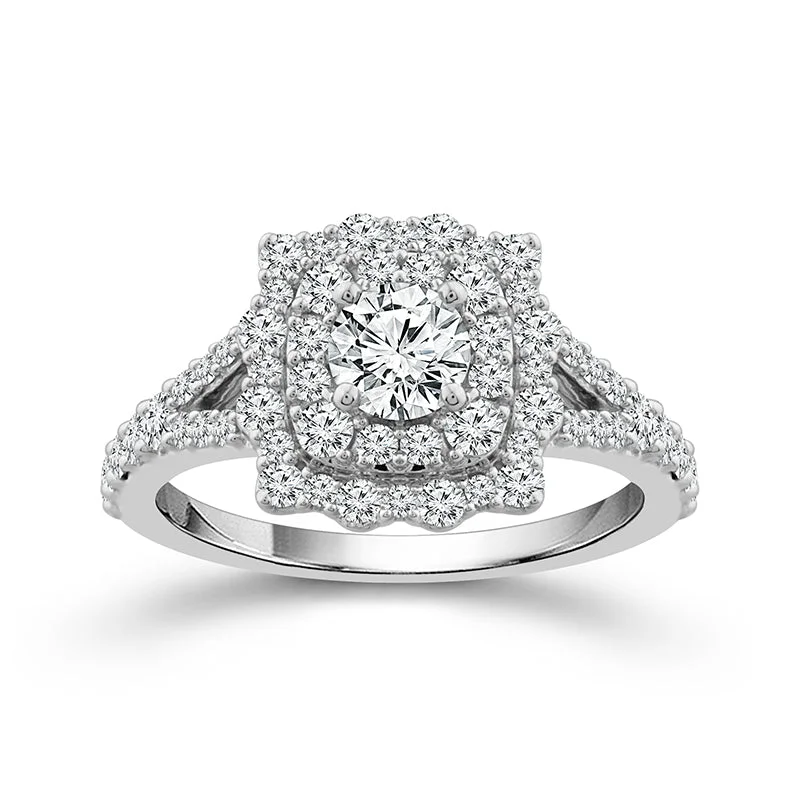 14K White Gold Round Diamond with Halo Engagement Ring