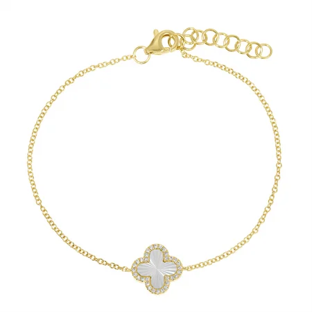 14K Yellow Gold Mother of Pearl and Diamond Fluted Quatrefoil Bracelet