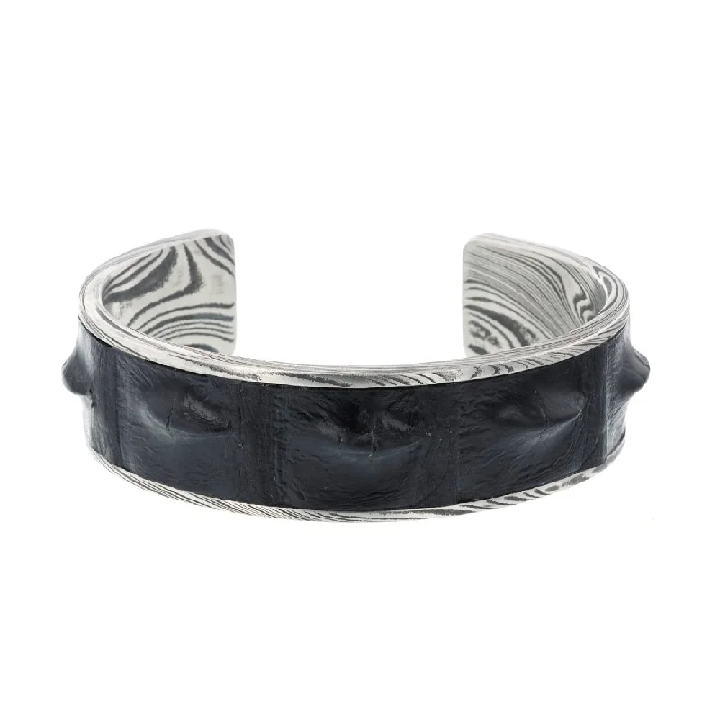 Black Crocodile Damascus Steel Cuff Bracelet