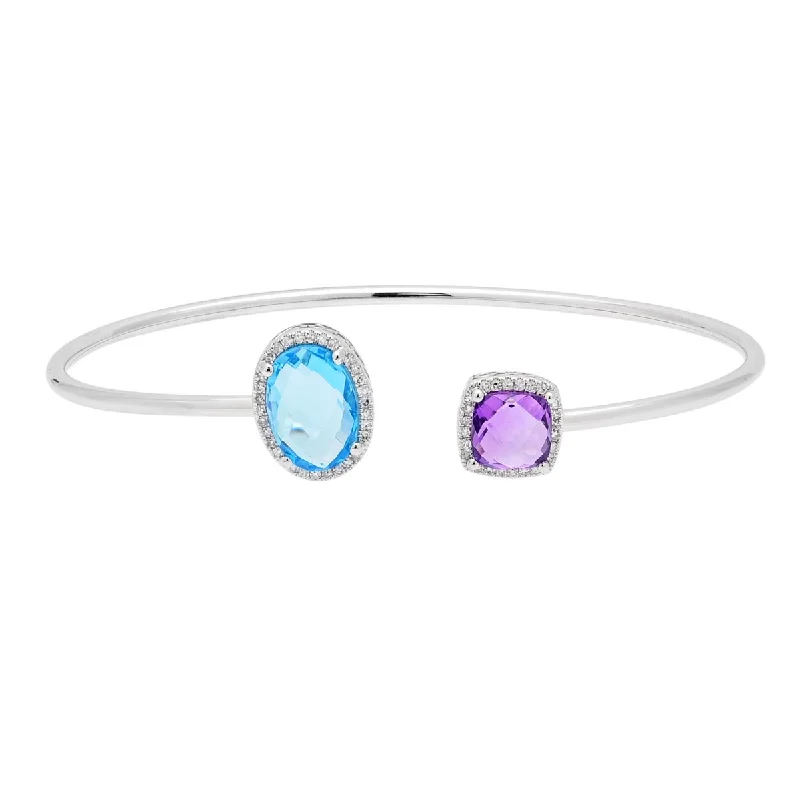 Dabakarov Cushion Cut Amethyst and Oval Blue Topaz Cuff Bracelet in 14kt White Gold with Diamonds (1/7ct tw)