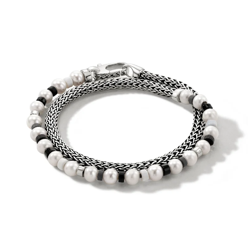 John Hardy Colorblock Silver Pearl Chain Double Wrap Bracelet