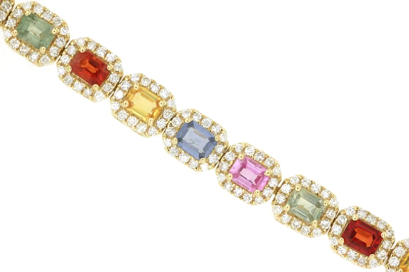 Sabel Collection Yellow Gold Emerald Cut Multi Color Sapphire and Diamond Bracelet